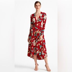 Stone Cold Fox Silk Wrap Dress | Red Floral Long Sleeve Midi |‎ Size 1